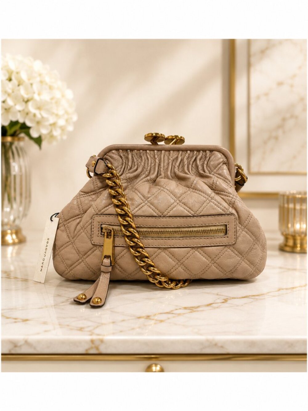 Marc Jacobs Little Stam Blush Quilted Leather Shoulder Bag Gold Chain Kiss Lock